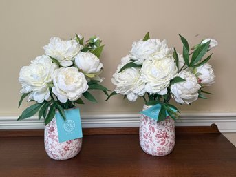 A Pair Of Martha Stewart Home Red & White Vases With Faux Flowers