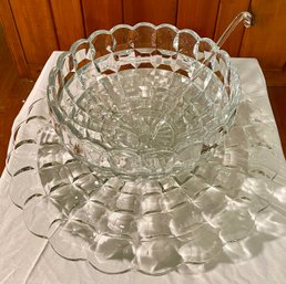 Marvelous Vintage Glass Punchbowl With Ladle & 12 Cups