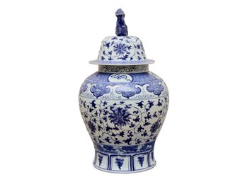 Large Blue And White Porcelain Chinese Floral Lidded Vase With Foo Dog Finial 14'x 24'