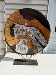 Round Abstract Decorative Disc Sculpture Featuring Metallic Gold, Silver, And Red