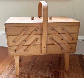 Vintage Norwegian Style Wooden Cantilever Or Accordion Sewing Box On Legs With Contents.