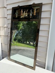 Black Lacquer Wall Mirror Featuring An Ornate Chinoiserie Scene With Mother Of Pearl Inlay Figures At The Top