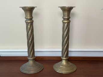 Very Large Pair Of Vintage Swirl Design Brass Candlesticks