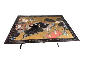 Asian Export Style Lacquered Screen Set Of 4 Wooden Panels