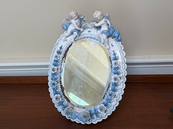 Antique 1800s Meissen Germany Blue & White Cherub Mirror