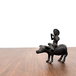 Antique Chinese Bronze Man Sitting On Water Buffalo Figure