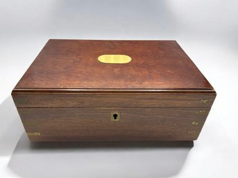 Vintage Wooden Jewelry & Keepsake Box With Brass Inlay, Lock & Key ~ Green Velvet Lining ~