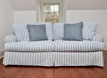 Blue And White Stripe Rolled Arm Skirted Sofa With Compono Throw Pillows