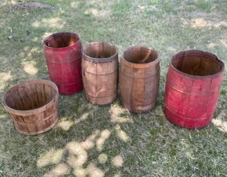 4 Small Vintage Barrels & 1 Bushel Basket