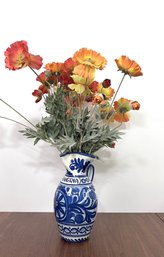 Antique Pianted Ceramic Sangria Pitcher With Quality Silk Poppies