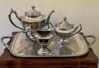Reed & Barton 3 Piece Tea / Coffee Set Plus English Tray  - All Silver Plate