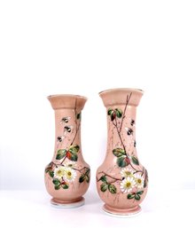 Pair Of Antique Hand-Painted Satin Glass Vases With Daisies & Bumblebees