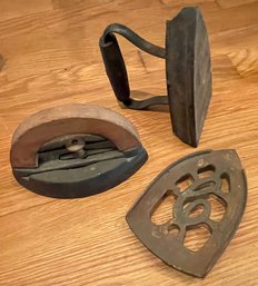 Two Antique Irons & Single Iron Rest