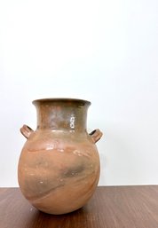 French Terracotta Confit Double Handled Vessel With Debossed Floral Motif At Lower Neck