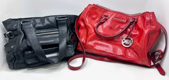 2 Michael By Michael Kors Leather Bags: Red Satchel & Black Shoulder Bag