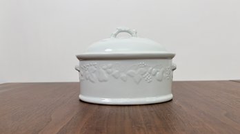 Ph Deshouliers Small French Lidded Porcelain Crock With Embossed Fruit Motif