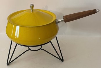 Mid Century Yellow Enamel Fondue Pot & Stand With Original Booklet