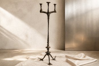 2 Of 2 Rare Sculptural Brutalist Bronze Floor Candelabra With Verdigris Patina, Tel Aviv Gallery Provenance