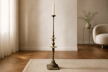 2 Of 2 Brutalist Bronze Floor Candlestick Sculpture With Verdigris Patina, Tel Aviv Gallery Provenance