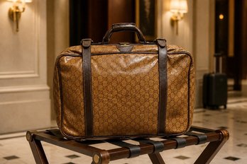 Vintage Gucci GG Monogram Coated Canvas & Leather Garment Travel Bag Made In Italy