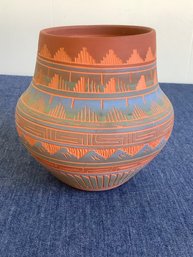 Hand Painted And Etched Signed Pottery Vase