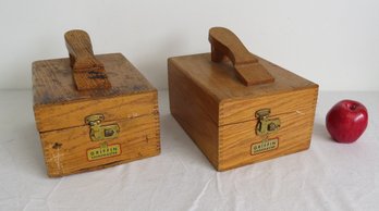 Two Vintage Mid-century Griffin Shinemaster Oak Shoeshine Boxes With Brushes, Shoe Polish & More