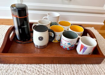 Starbucks Coffee Cup Collection & Krups Coffee Grinder On Tray