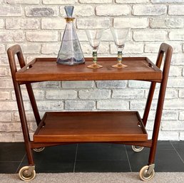 MCM Teak Rolling Tea Cart With Reversible Trays