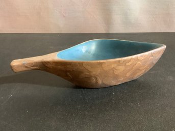 Signed Peggy Wooden & Blue Painted Dish