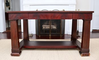 Antique American Arts & Crafts Figured Mahogany Library Table W/ Trestle Base & Shelf C.19001920