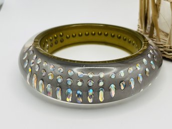 Italian Clear Lucite And Rhinestone Graduated Bangle Bracelet