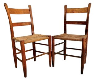 Pair Of Antique Oak Rush Seat Ladderback Chairs