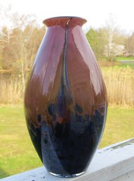 Favrile Like Iridescent Art Glass Blown Vase With Colors Of Cobalt, Coral, Gold Speckle Infusion