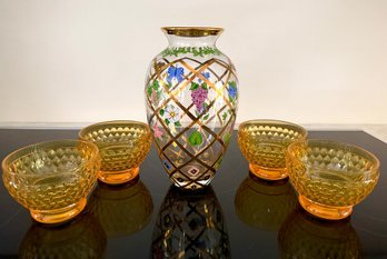 Hand Painted Vase & Amber Bowls