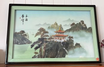 Vintage Chinese Hardstone Mosaic Shadowbox  Jade Peaks Competing For Height  35 1/2  Inch Landscape Scene