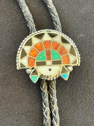 Vintage Zuni Sterling And Leather Bolo Tie W/ Turquoise, Coral, MOP Inlay
