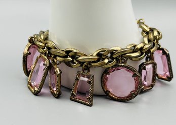 1950s Gold Tone Pink Faceted Glass Jeweled Bracelet