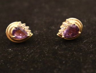 14K Yellow Gold Amethyst And Diamond Earrings 2.9 Grams