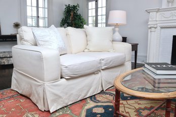 1 Of 2 Rowe Furniture Slipcovered Ivory Loveseat Sofa Classic Skirted Arms