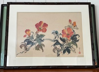 Vintage Chinese Watercolor Bird & Hibiscus Painting ~ Signed Po Chun ~ Bamboo Frame
