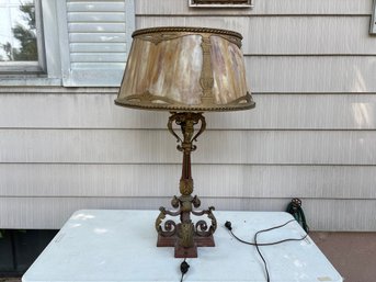 Antique French Louis XV Style Bronze Slag Glass Lamp Featuring Winged Cherubs