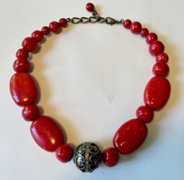 Striking Vintage Necklace With Large Red Beads