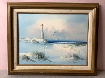 Vintage Lighthouse Coastal Seascape Original Oil Painting Framed (SIGNED By Artist) #12