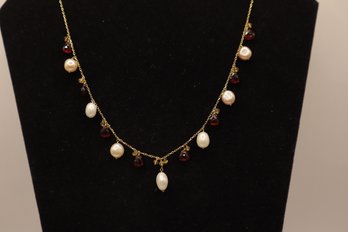 14K Gold With Pearls And Garnet Colored Crystals Necklace Marked Jewelmak
