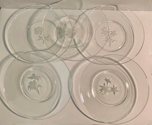 Five Vintage Clear Glass Plates With Etched Flowers - 8'