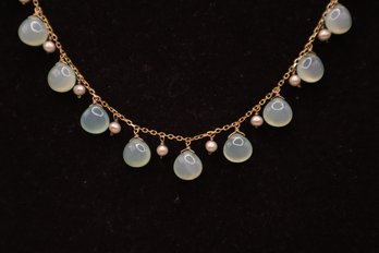 14K Gold With Tiny Pearls And Jade Colored Stones Necklace Marked Jewelmak