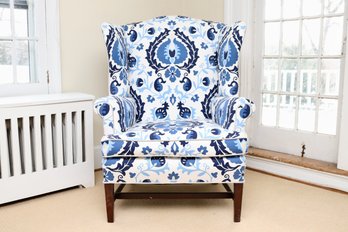 Blue & White Chinoiserie Floral Wingback Armchair Newly Upholstered