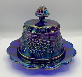 Vintage Blue Carnival Glass Grape Pattern Covered Butter Dish