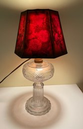Antique Clear Glass Lamp With Column And Pretty Floral Shade