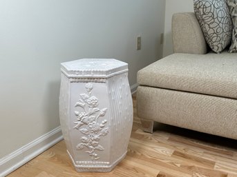 Signed Mid Century Floral Relief Bamboo Design Ceramic Garden Stool